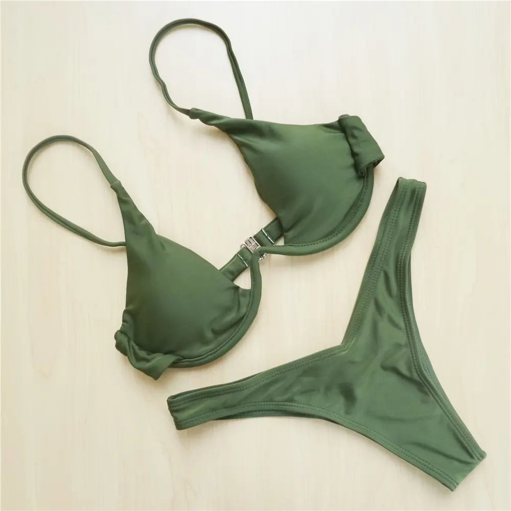 Vibrant Neon Green V-Bar Underwire Bikini with High-Cut Silhouette