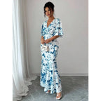 Floral Wrap Style Maxi Dress with Ruffle Hem and Flutter Sleeves