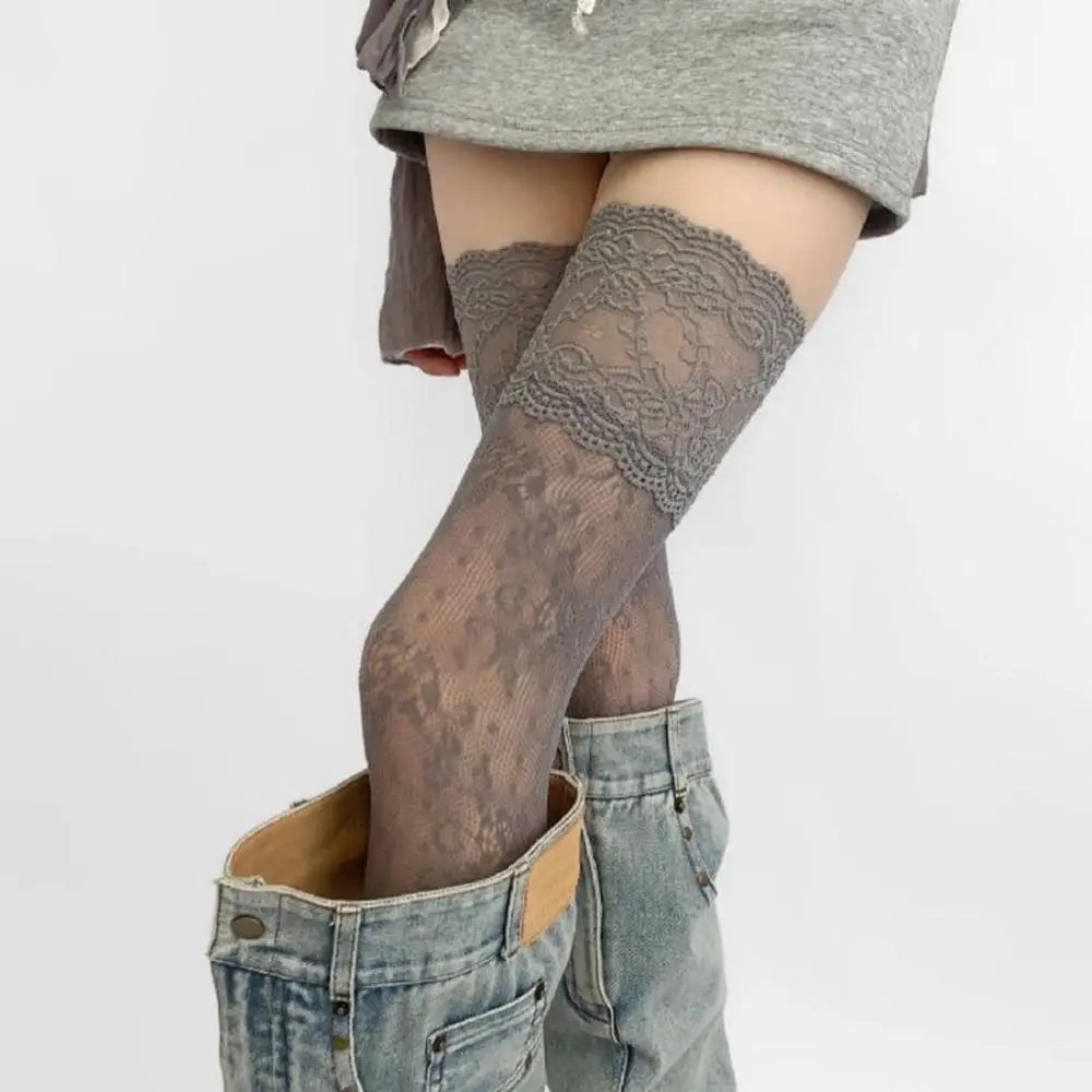 Floral Lace Fishnet Thigh High Stockings with Breathable Mesh Over-the-Knee Design