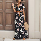 Floral Print A-Line Maxi Dress with Belt and Short Sleeves