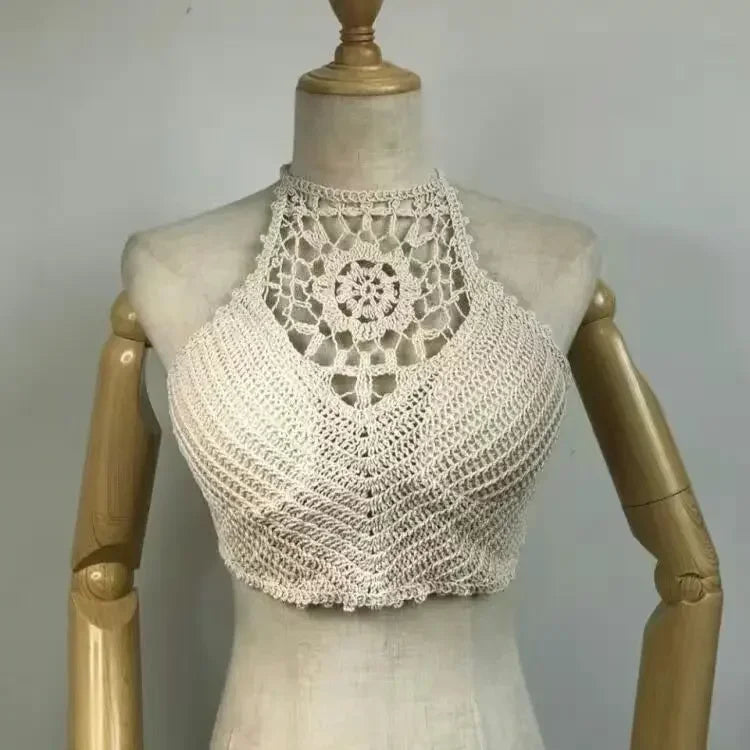 Women's Crochet Halter Neck Backless Crop Top with Tassel Detail for Summer Streetwear Style