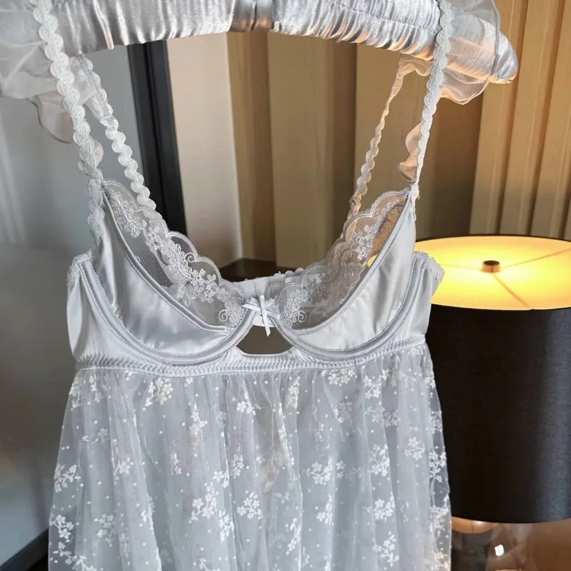 Icy Blue Sheer Floral Embroidered Babydoll Set with Ruffled Straps