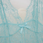 Soft Pink Sheer Lace Chemise with Plunging V-Neckline and Flowing Skirt