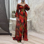 Printed Maxi Dress With Draped Sleeves And Side Slit Detail