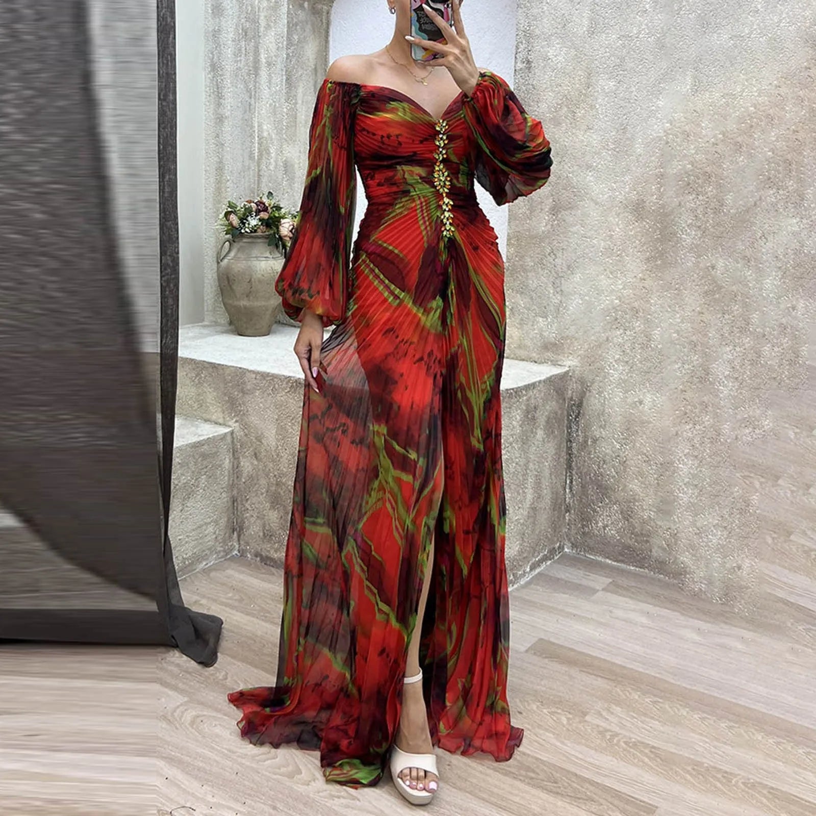 Printed Maxi Dress With Draped Sleeves And Side Slit Detail