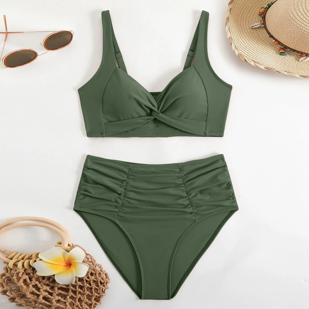 Black Ribbed-Look High-Waisted Two-Piece Bikini Set with Structured V-Neck Top and Wide Waistband