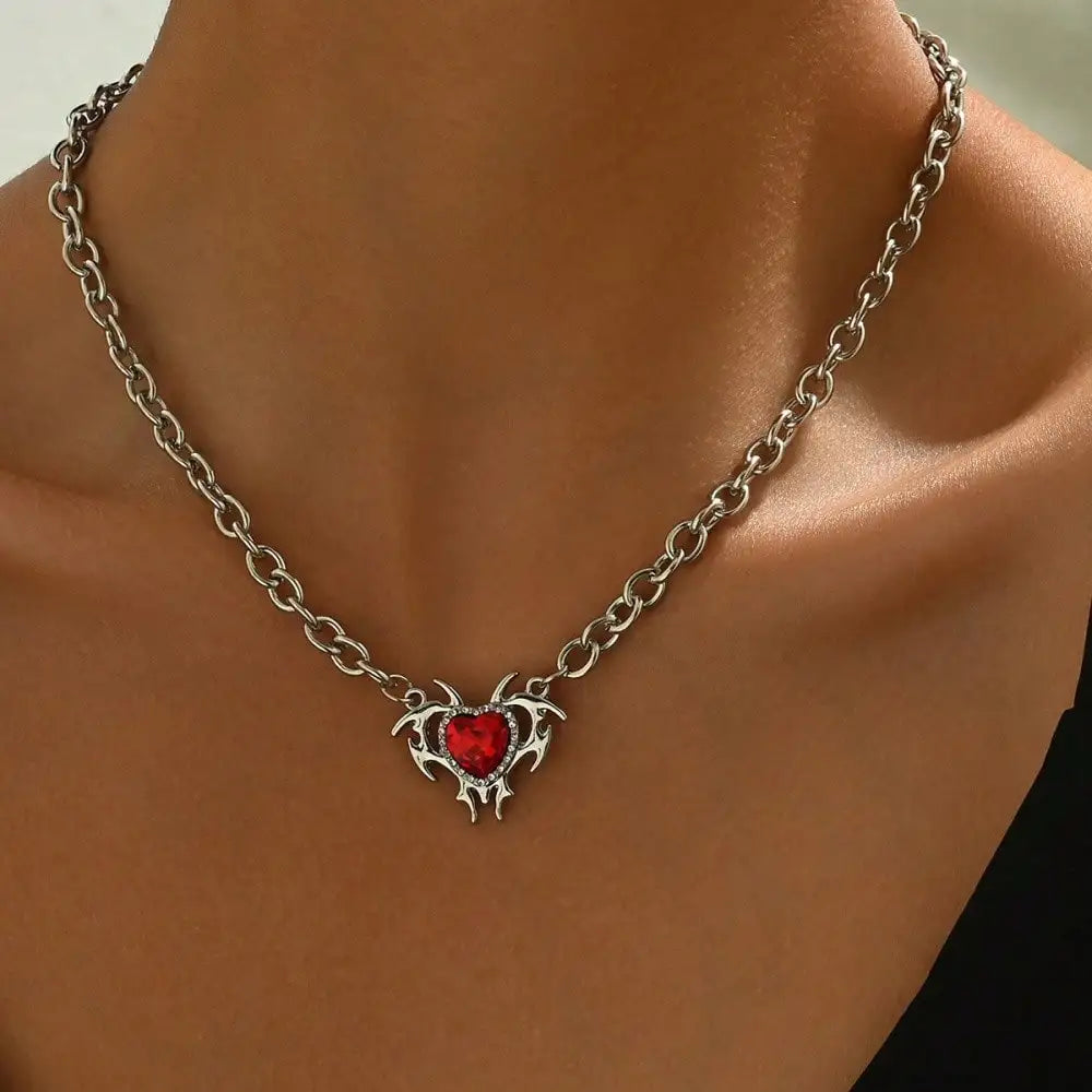 Dark Feminine Crystal Heart Pendant Necklace for Gothic and Y2K Looks