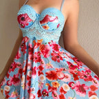 Vibrant Floral Print Flared Babydoll with Structured Underwire Cups and Lace Midriff