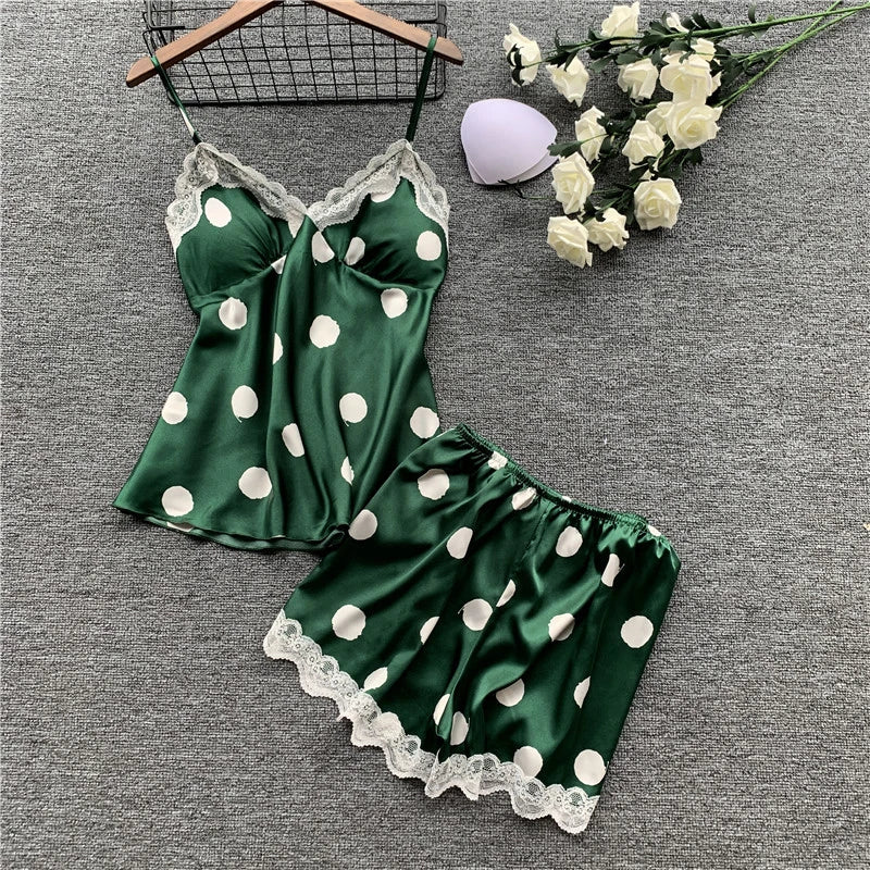 Classic Monochrome Polka Dot Camisole Sleep Set with Scalloped Lace Edge