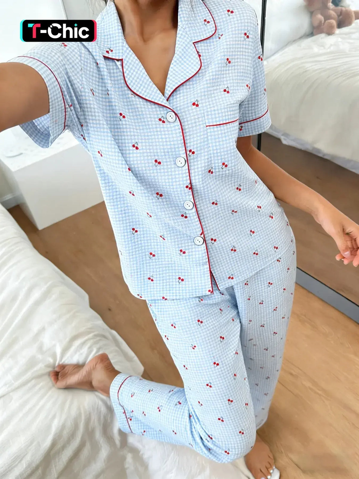 Relaxed-Fit Grid and Cherry Print Two-Piece Pajama Set with Contrast Piping