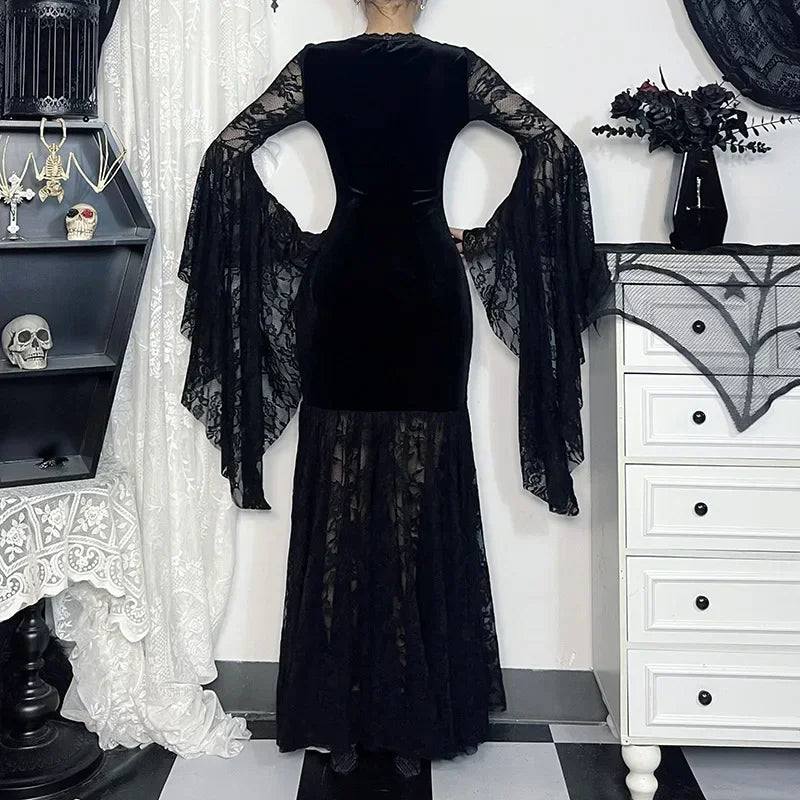 Flowing Gothic Velvet Dress with Dark Alternative Streetwear Elegance