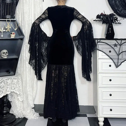Flowing Gothic Velvet Dress with Dark Alternative Streetwear Elegance