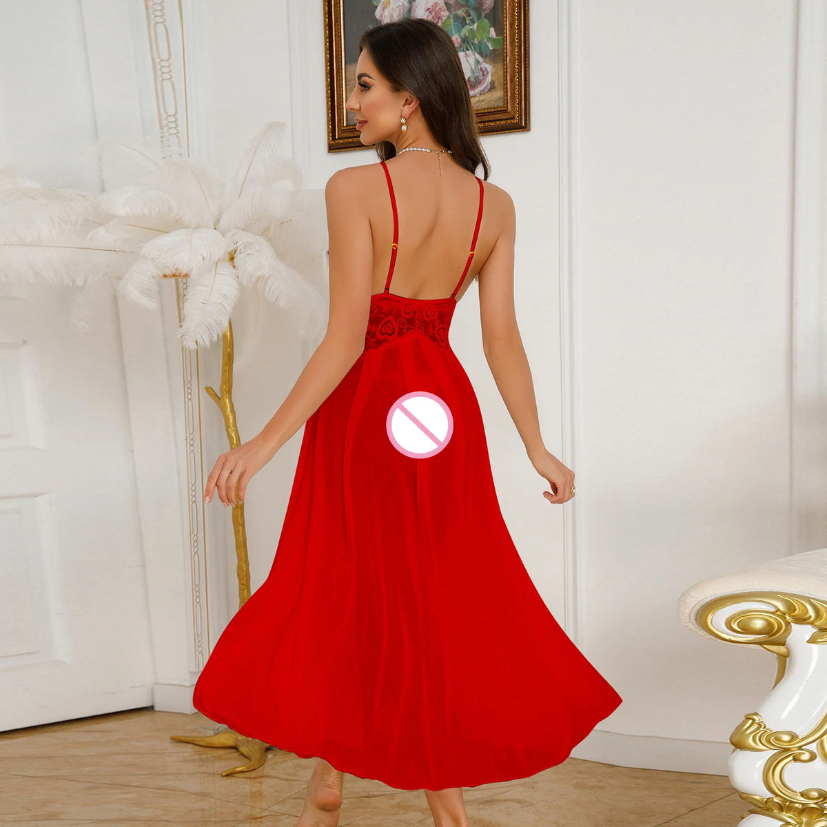Ethereal White Lace Maxi Nightgown with Plunging Neckline and Dramatic Double-Slit Skirt