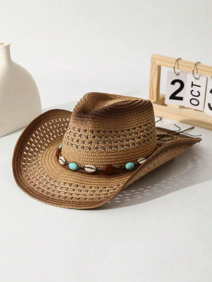 Unisex Wide Brim Straw Cowboy Hat with Decorative Beaded Trim for Outdoor Summer Adventures