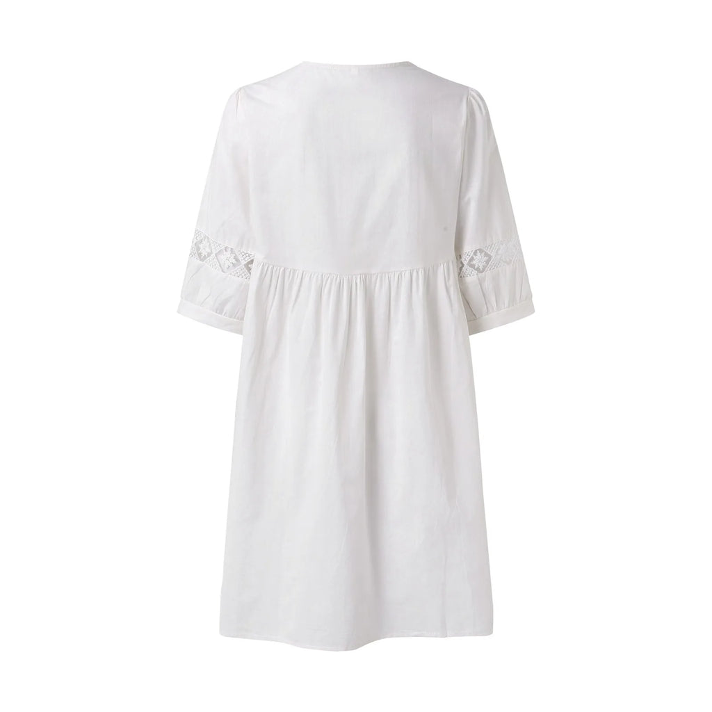 Bohemian White Flowy V-Neck Dress with Crochet Lace Paneling