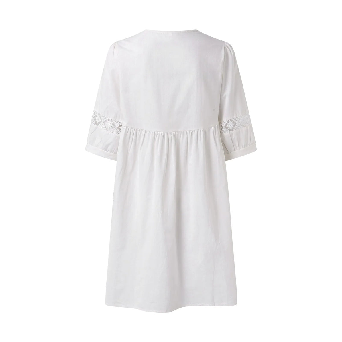 Bohemian White Flowy V-Neck Dress with Crochet Lace Paneling