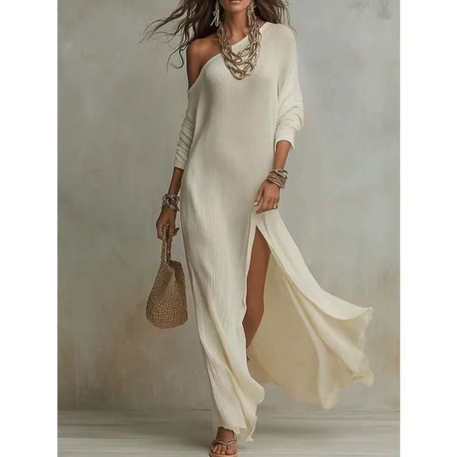 Long Sleeve Pleated Split Maxi Dress with Flowing Contemporary Elegance
