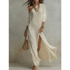 Long Sleeve Pleated Split Maxi Dress with Flowing Contemporary Elegance