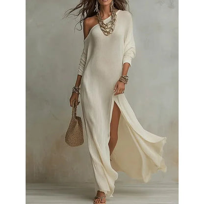 Long Sleeve Pleated Split Maxi Dress with Flowing Contemporary Elegance