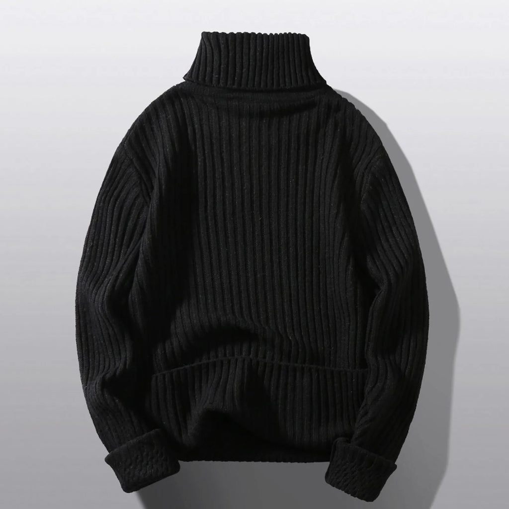 Unisex Ribbed Turtleneck Knit Pullover Sweater With Relaxed Minimalist Silhouette