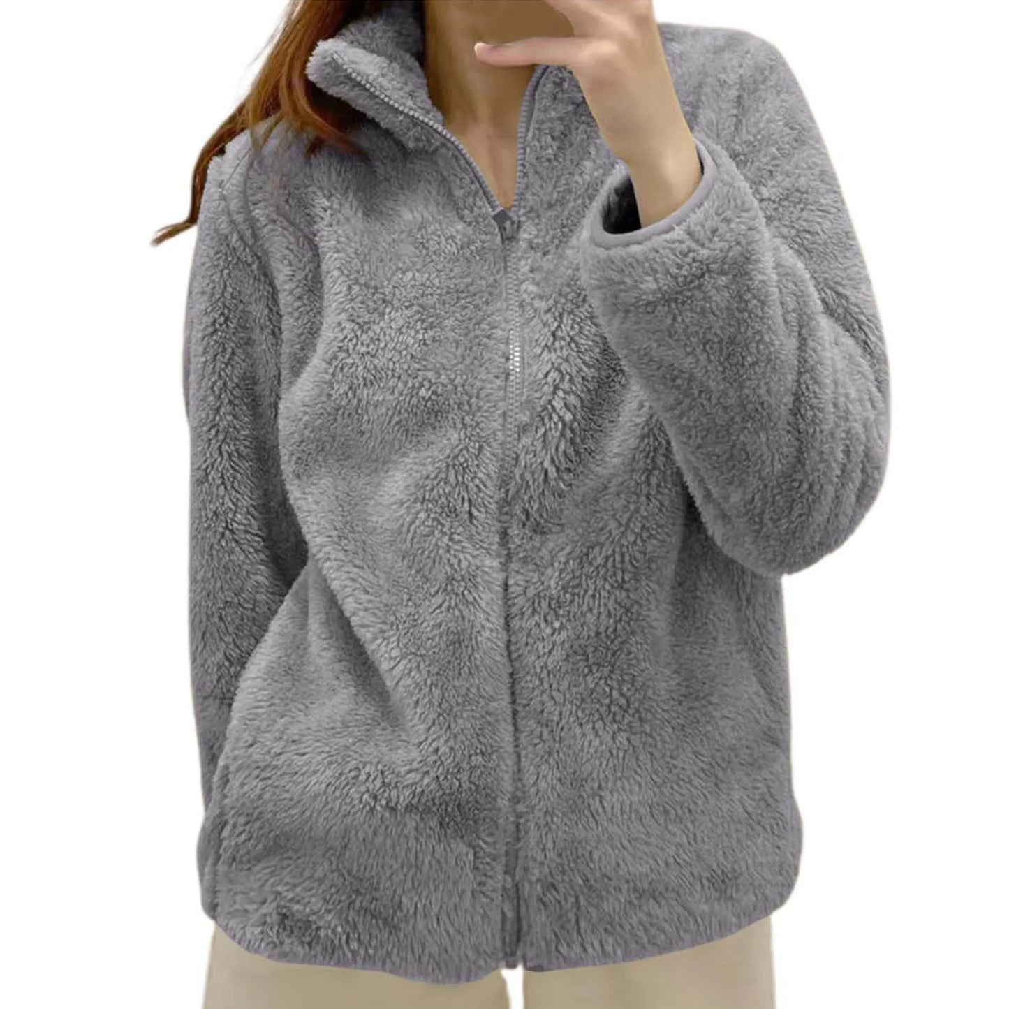 Women's Plush Polar Fleece Zip Jacket with Relaxed Streetwear Layering Fit