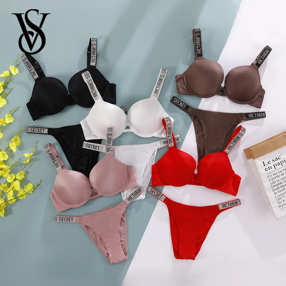 Sleek Contour Underwire Bra Set with Crystal-Embellished Straps