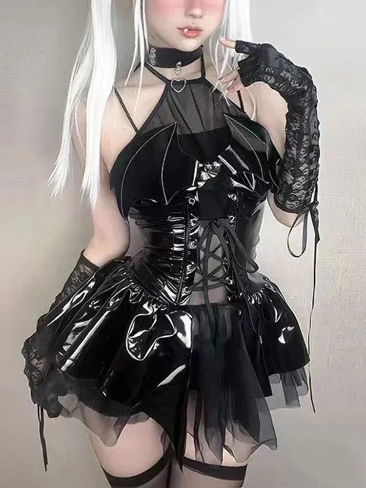 Dark Romance Halter Neck Dress with Corset Lacing and Sheer Ruffles