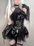 Dark Romance Halter Neck Dress with Corset Lacing and Sheer Ruffles