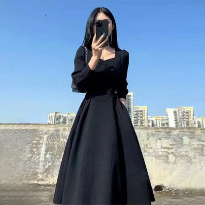 Dark Gothic A-Line Long Sleeve Alternative Fashion Midi Dress