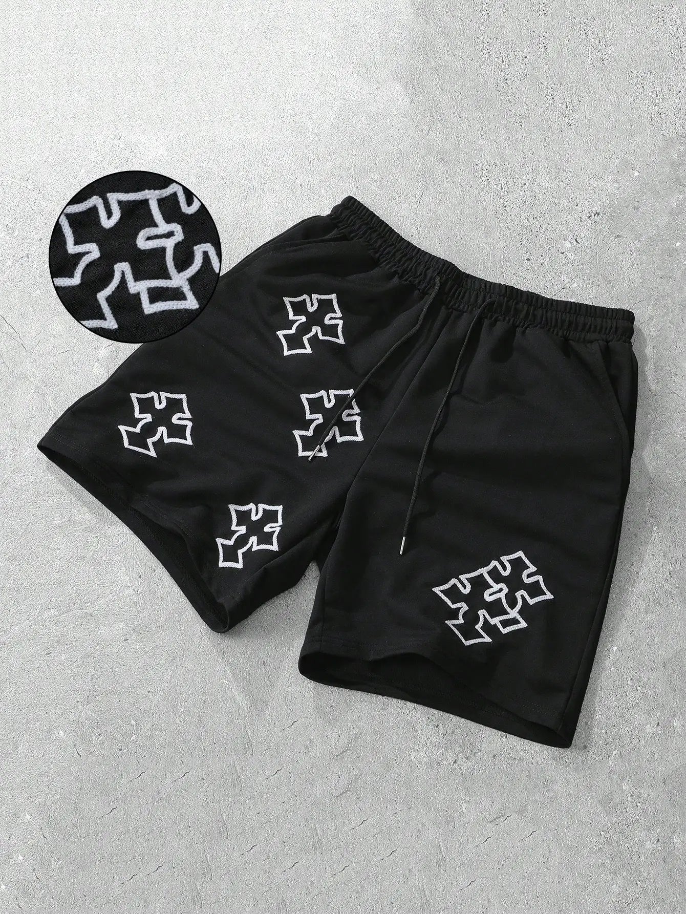 Men's Loose Graphic Print Drawstring Sports Shorts with Distressed Streetwear Inspired Design