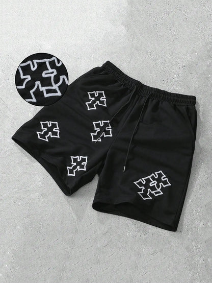 Men's Loose Graphic Print Drawstring Sports Shorts with Distressed Streetwear Inspired Design