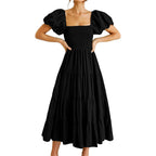 Square Neck Midi Dress with Puff Sleeves and Open Back Design