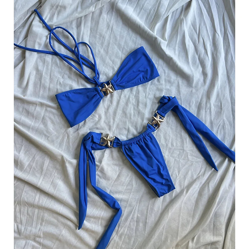 Olive Green Bralette Bikini with Metallic Starfish Hardware