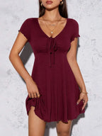 Heathered Taupe Short-Sleeve Fit and Flare Mini Dress