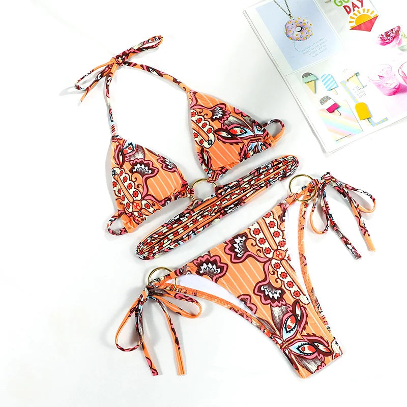 Vibrant Abstract Print Triangle String Bikini with Multi-Strap Cutout Bottoms