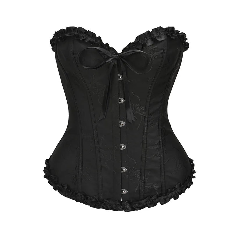 Jacquard Overbust Corset with Ruffled Trim, Structured Boning and Lace-Up Back