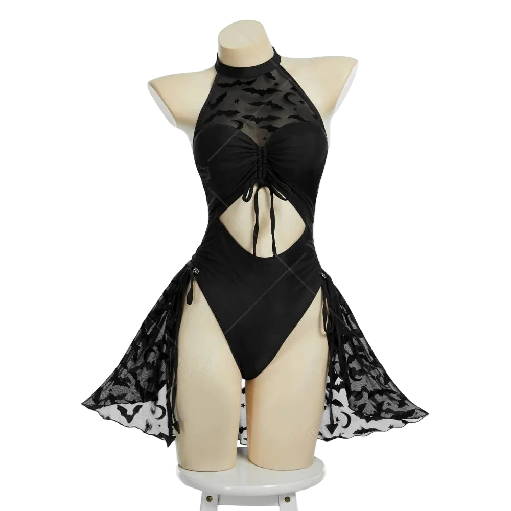 Women's Halter Cutout One Piece Swimsuit with Sheer Panel Skirt and Contemporary Design