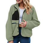 Women's Cropped Teddy Fleece Button Front Jacket Cozy Casual Everyday Layering Outerwear