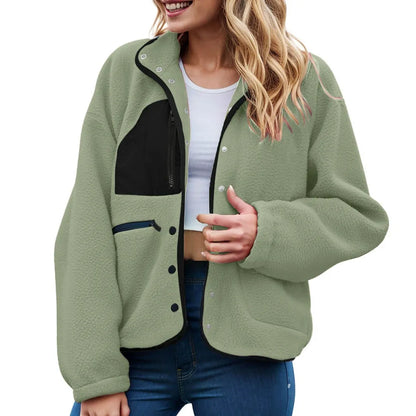 Women's Cropped Teddy Fleece Button Front Jacket Cozy Casual Everyday Layering Outerwear