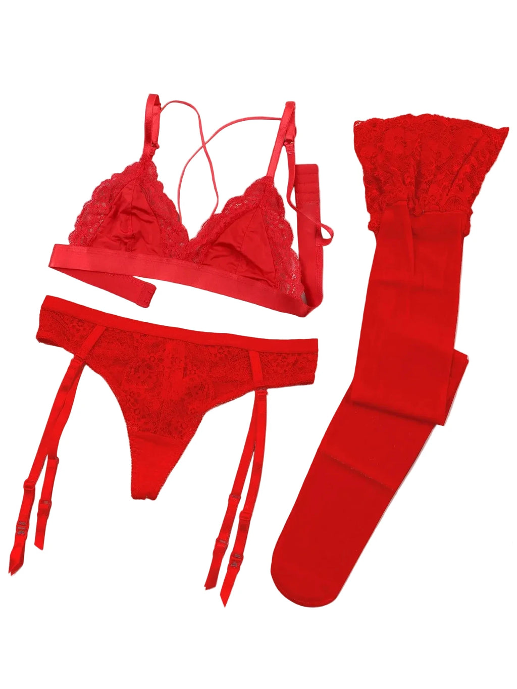 Romantic Red Floral Lace Bralette and Garter Lingerie Set with Matching Stockings