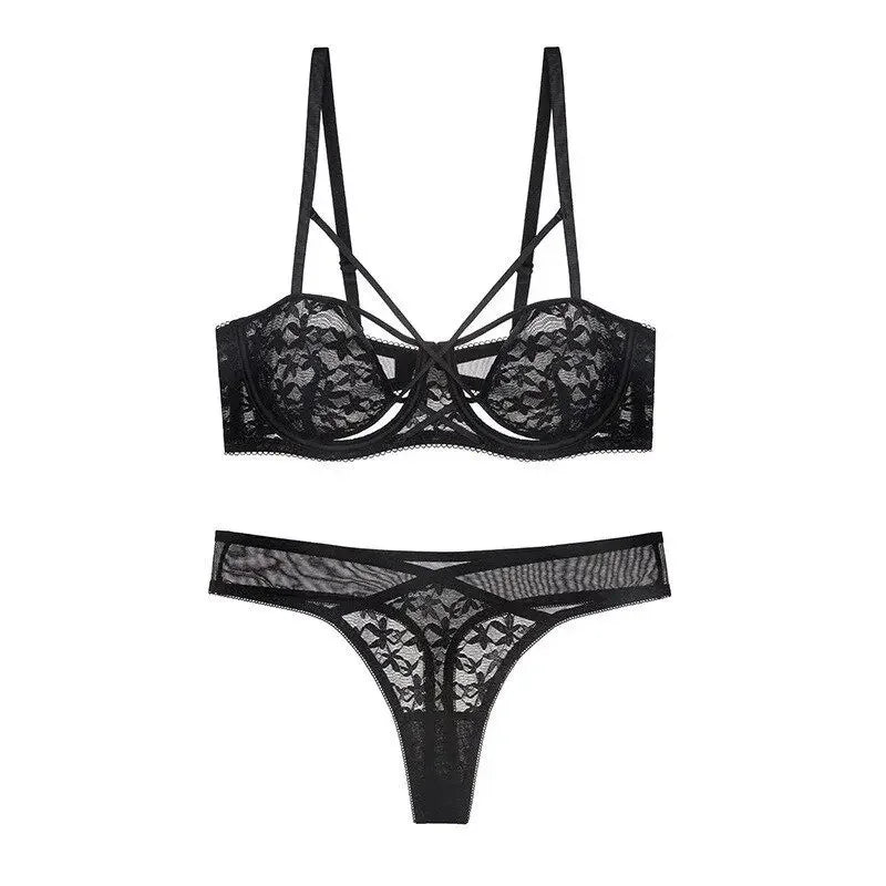 Lilac Strappy Floral Lace Underwire Bra and Cutout Thong Set