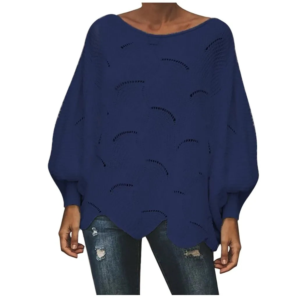 Women's Textured Knit Sweater with Cutout Pattern and Irregular Hem Design