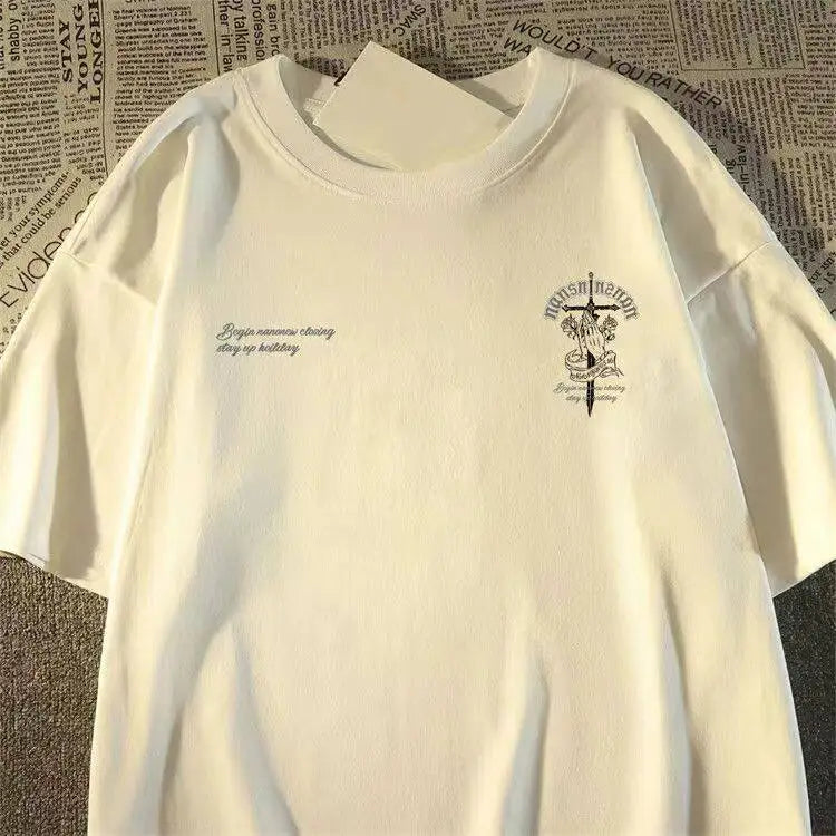 Oversized Gothic Crest Graphic Cotton T-Shirt with Vintage Streetwear Artwork