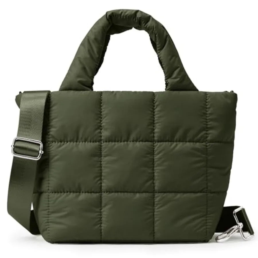 Small Quilted Nylon Puffer Crossbody Tote Bag with Adjustable Strap