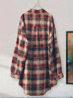 Mid-Length Relaxed Blue Plaid Tunic Shirt with Curved Hem and Roll-Up Sleeves