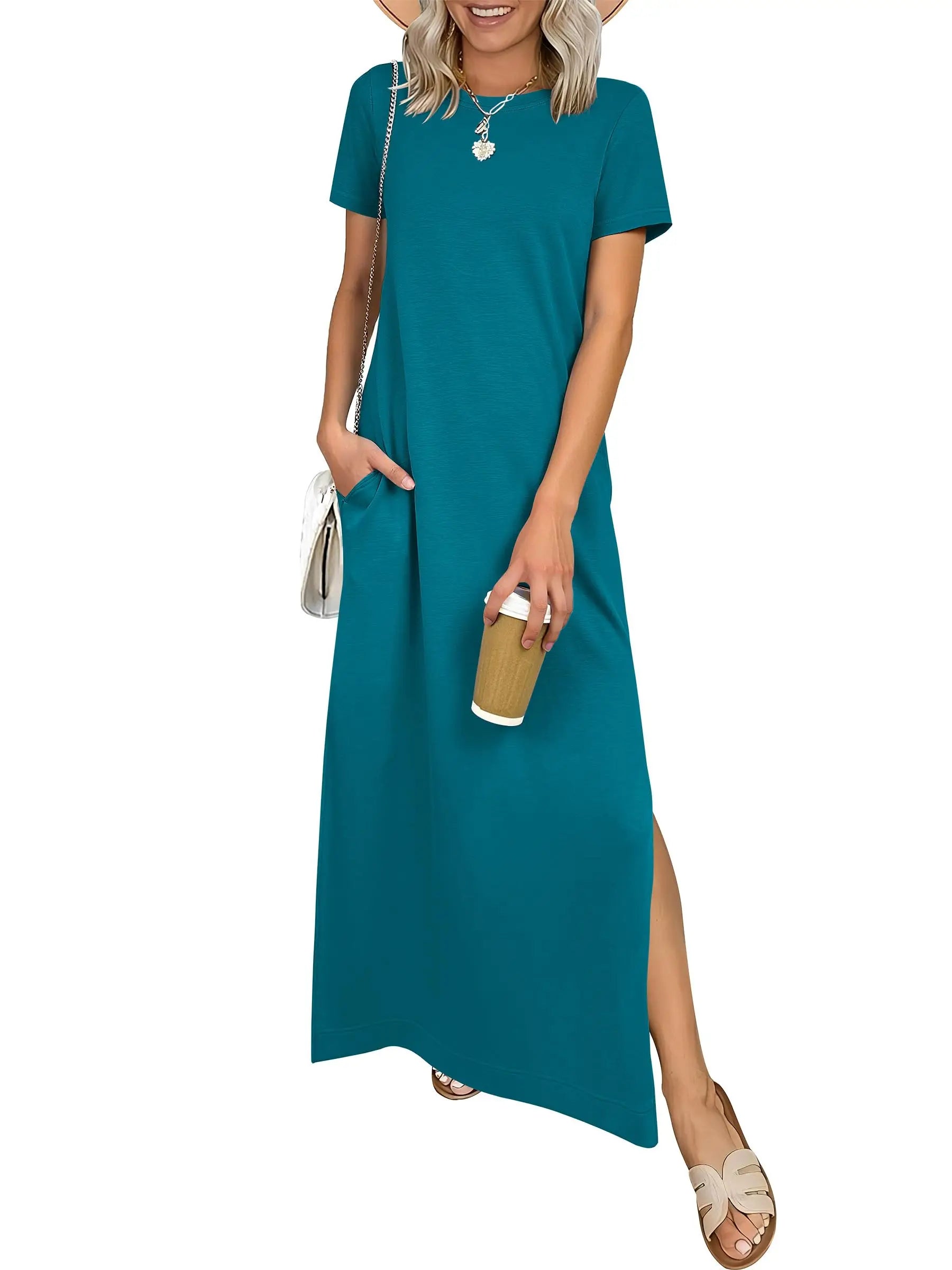 Relaxed Crew Neck Maxi Dress with Side Slits and Functional Pockets