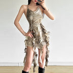 Distressed Layered Chiffon Mini Dress With Dark Alternative Streetwear Fashion Appeal