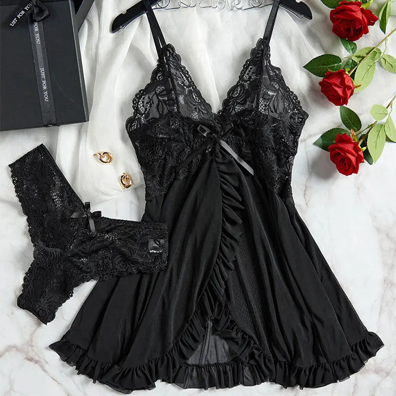 Romantic Pink Lace Babydoll Lingerie Set with Ruffle Trim and Open Front