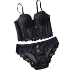 Black Swiss Dot Mesh Bustier Longline Bra and Strappy Panty Set