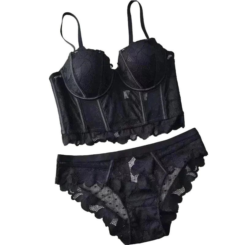 Black Swiss Dot Mesh Bustier Longline Bra and Strappy Panty Set
